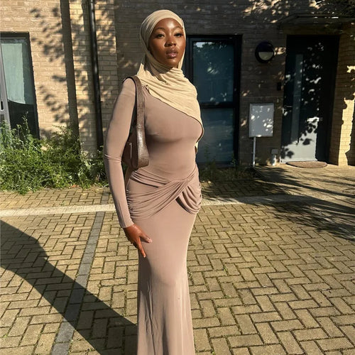 Load image into Gallery viewer, Diagonal Collar Long Sleeve Maxi Dress For Women Autumn Winter New Solid High Waist Ruched Bodycon Sexy Long Dress
