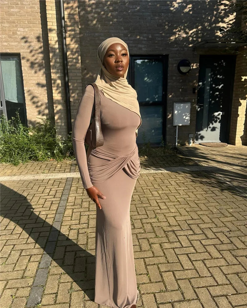 Diagonal Collar Long Sleeve Maxi Dress For Women Autumn Winter New Solid High Waist Ruched Bodycon Sexy Long Dress