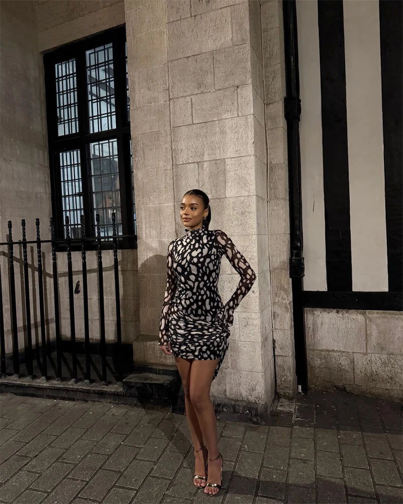 Summer Mesh Beach Sexy Mini Dress Women Robe Fashion Long Sleeve Draped Ruched Slim Print Vacation Club Dress Elegant