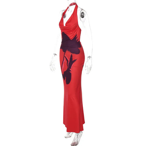 Load image into Gallery viewer, Halter Deep V Neck Printed Maxi Dress For Women Gown Red Off-shoulder Sleeveless Backless Fashion Bodycon Long Dress
