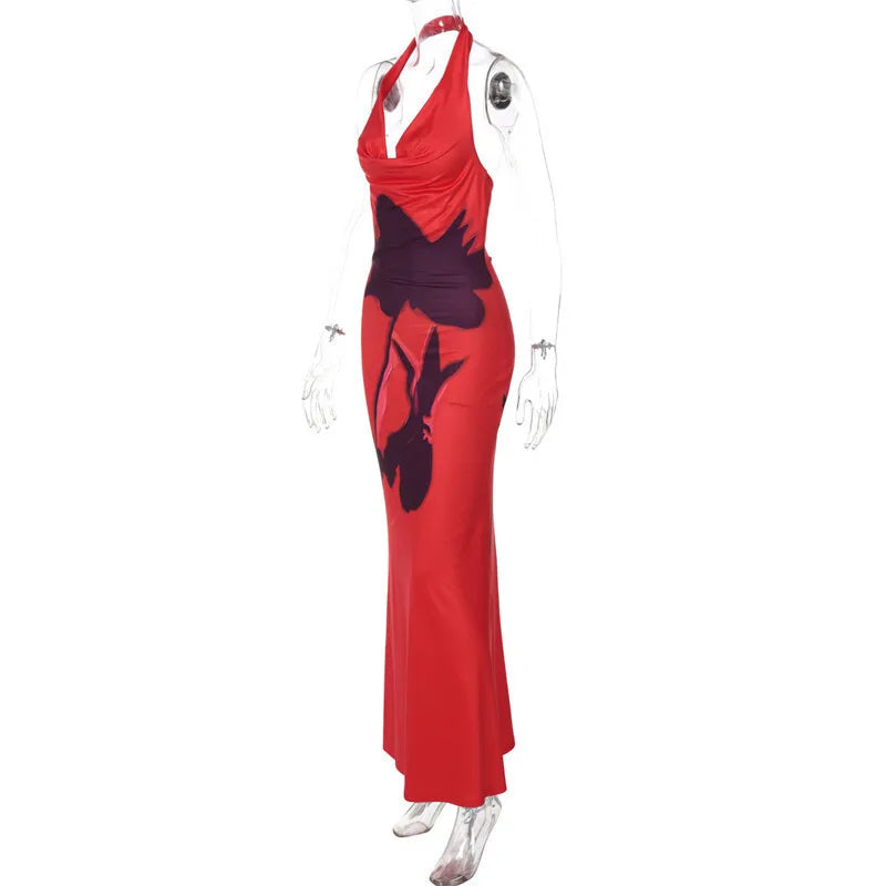Halter Deep V Neck Printed Maxi Dress For Women Gown Red Off-shoulder Sleeveless Backless Fashion Bodycon Long Dress