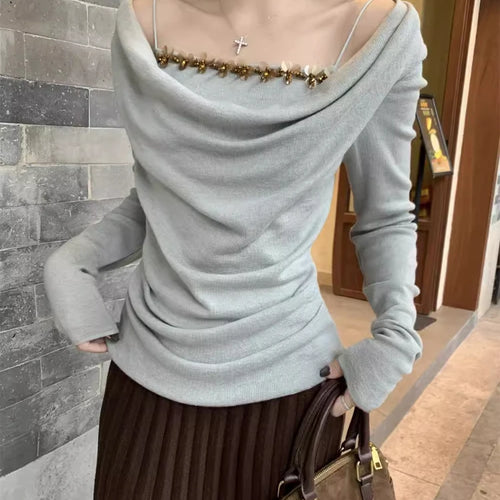 Load image into Gallery viewer, Korean Chic Fake Two Piece Long Sleeve T-Shirts Y2k Aesthetic Sequined Slim Women's Tops Harajuku Pleated Bottoming Tees Femme
