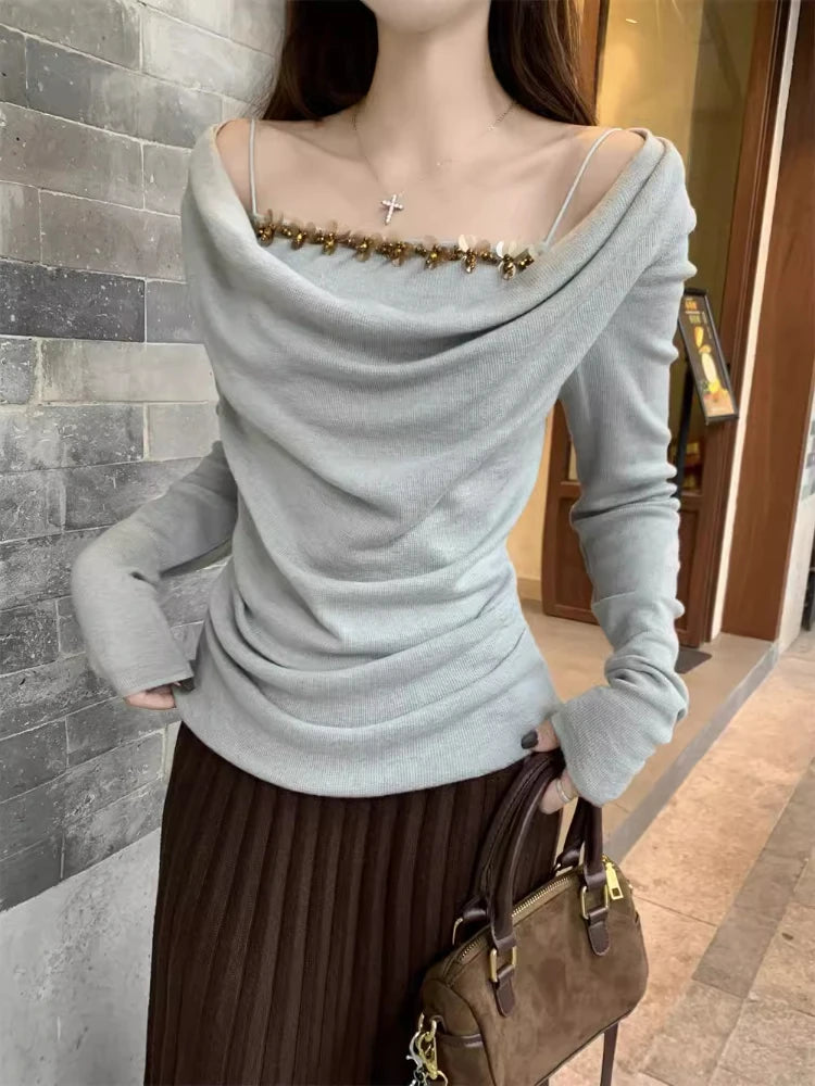 Korean Chic Fake Two Piece Long Sleeve T-Shirts Y2k Aesthetic Sequined Slim Women's Tops Harajuku Pleated Bottoming Tees Femme