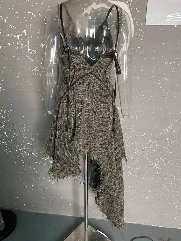 Women 25% Wool Irregular Tassels Burr Hem Vintage Dress New V-Neck Sleeveless Fashion Tide Autumn Winter 2025 1DH4036