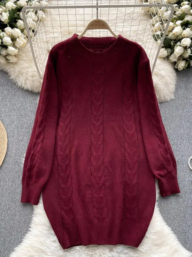 Retro Women Solid Round Neck Medium Length Sweater Autumn Winter Long Sleeve Loose Knitted Pullover Tops Casual Trend Simplicity
