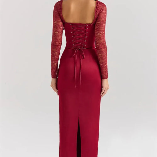 Load image into Gallery viewer, Backless Long Sleeve Sexy Maxi Dress For Women Solid Square Collar Lace-up Back Split Bodycon Club Long Dress Elegant
