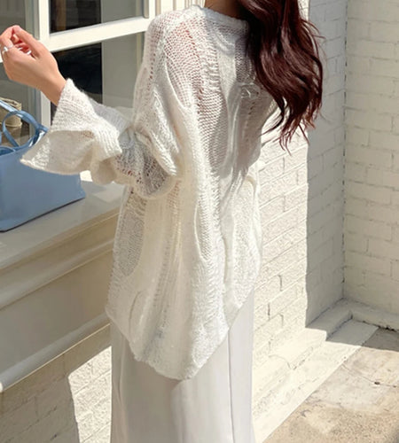 Beige Thin Big Size Hollow Out Sweater Round Neck Long Sleeve Women Pullovers New Fashion Tide Spring Autumn 2025 1DH9646