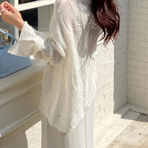 Load image into Gallery viewer, Beige Thin Big Size Hollow Out Sweater Round Neck Long Sleeve Women Pullovers New Fashion Tide Spring Autumn 2025 1DH9646
