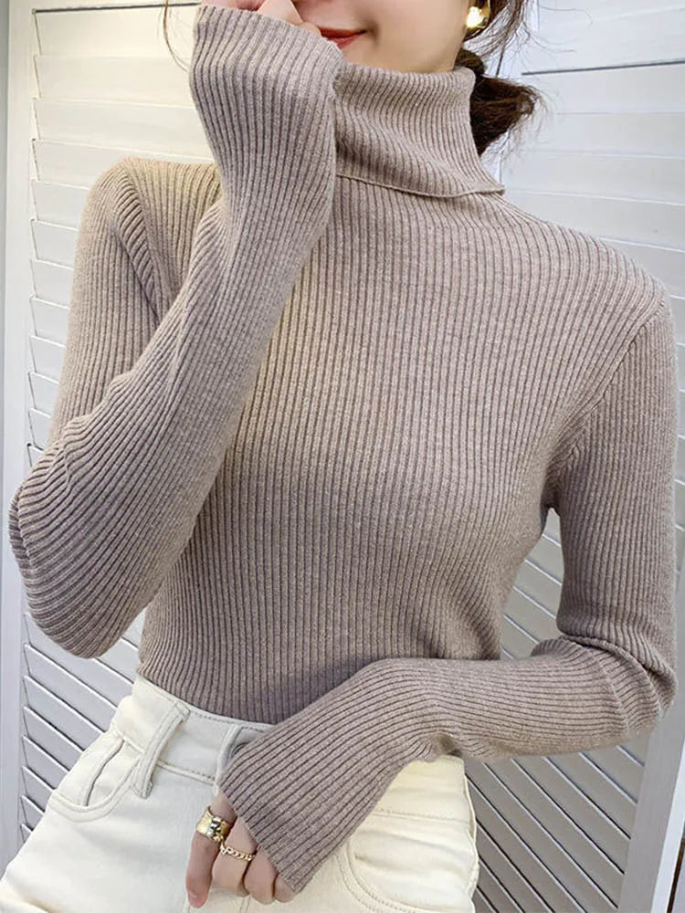 New 2025 Women Pullover Turtleneck Sweater Autumn Long Sleeve Slim Elastic Korean Simple Basic Cheap Jumper Solid Color Top