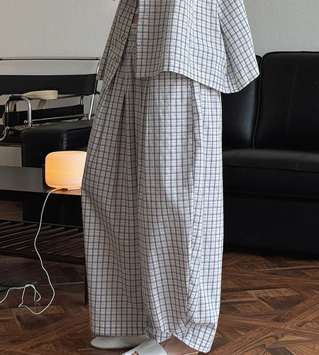 High Elastic Waist Blue Plaid Brief Casual Wide Leg Pants New Trousers Women Fashion Tide Spring Autumn 2025 1DJ0747