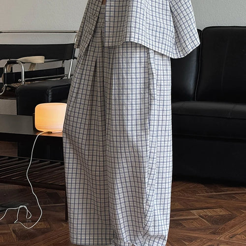 Load image into Gallery viewer, High Elastic Waist Blue Plaid Brief Casual Wide Leg Pants New Trousers Women Fashion Tide Spring Autumn 2025 1DJ0747
