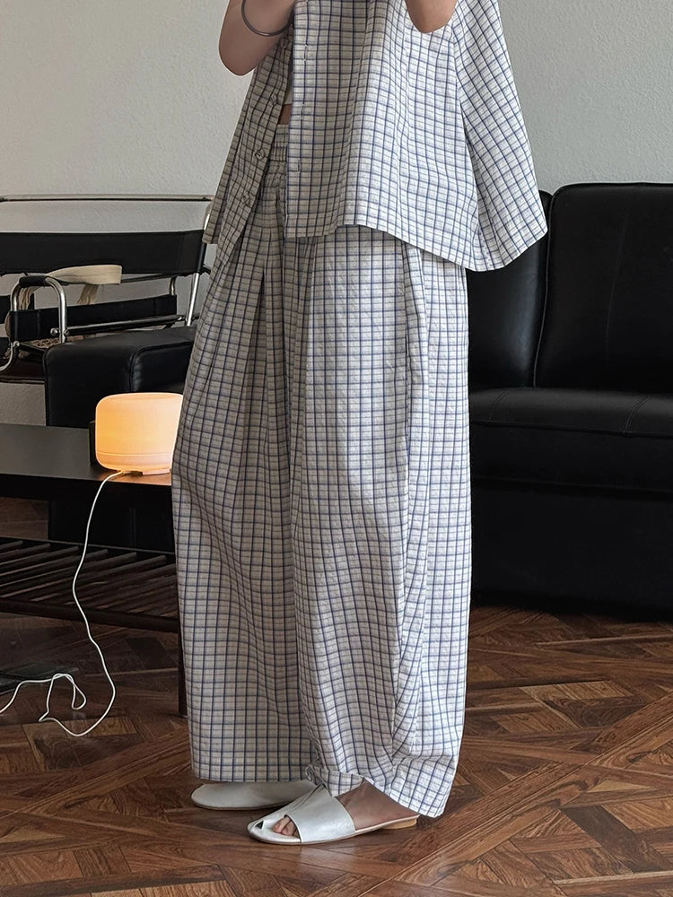 High Elastic Waist Blue Plaid Brief Casual Wide Leg Pants New Trousers Women Fashion Tide Spring Autumn 2025 1DJ0747