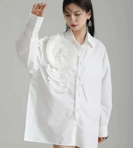 Women Blue Pleated Flower Big Size Blouse New Lapel Long Sleeve Loose Fit Shirt Fashion Tide Spring Autumn 2025 1DH0316