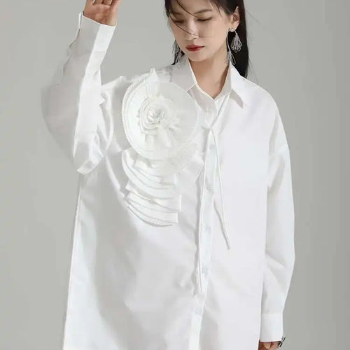Load image into Gallery viewer, Women Blue Pleated Flower Big Size Blouse New Lapel Long Sleeve Loose Fit Shirt Fashion Tide Spring Autumn 2025 1DH0316
