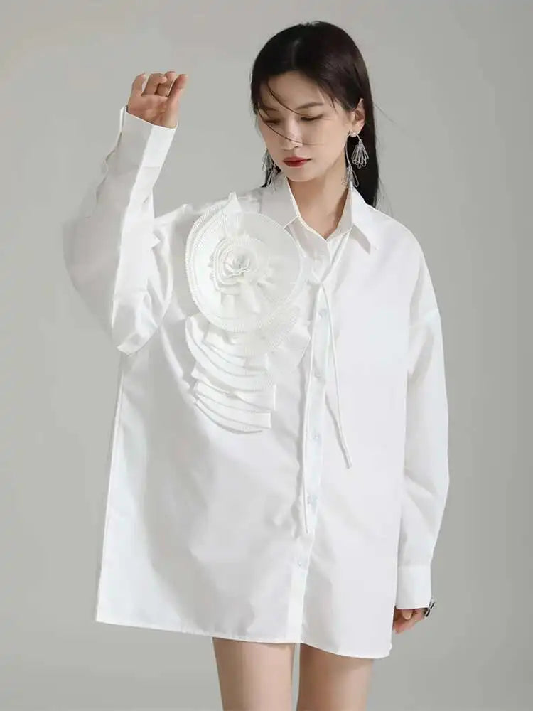 Women Blue Pleated Flower Big Size Blouse New Lapel Long Sleeve Loose Fit Shirt Fashion Tide Spring Autumn 2025 1DH0316