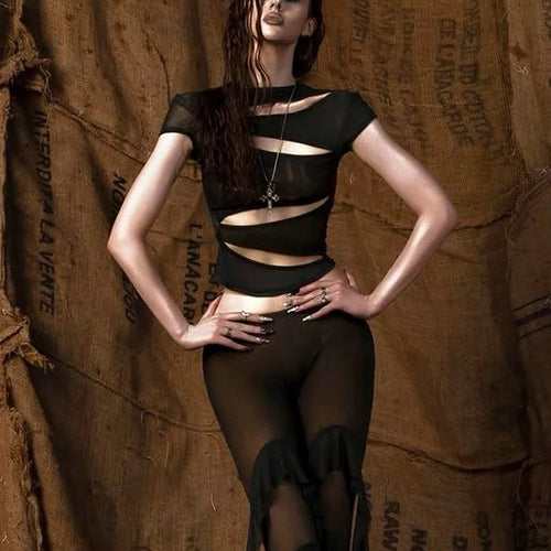 Load image into Gallery viewer, Hollow t-Shirts Women o-Neck Skinny Elasticity Sexy Summer New Trend Midnight Hip-Hop Style Versatile Classic Mini Tops
