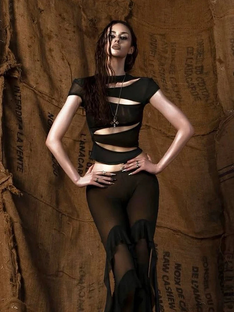 Hollow t-Shirts Women o-Neck Skinny Elasticity Sexy Summer New Trend Midnight Hip-Hop Style Versatile Classic Mini Tops