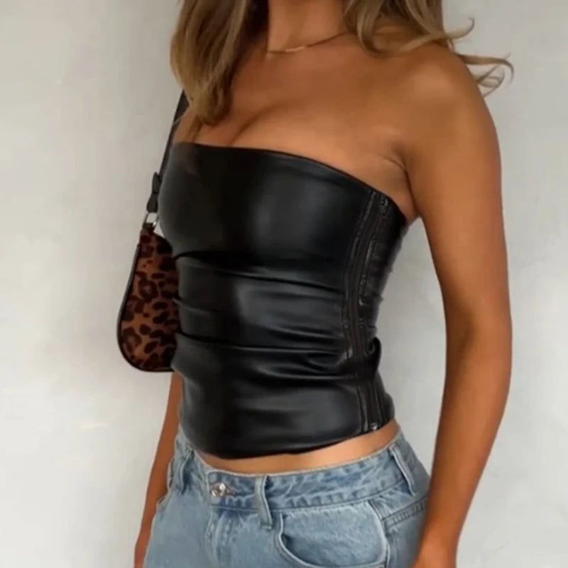 Sexy Solid Wrinkled PU Leather Skinny Tube Camisole Women Summer Street Basic Solid Cropped Tops Y2K Aesthetic Hottie
