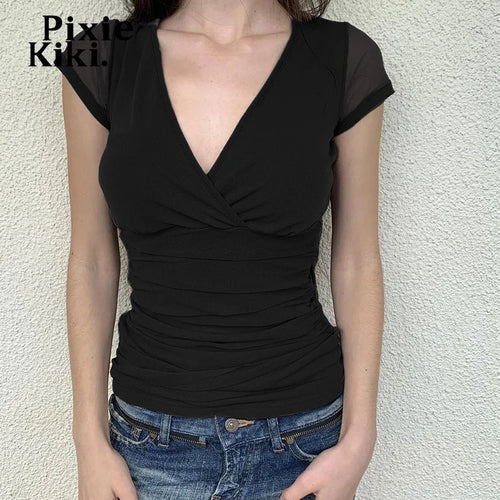 Load image into Gallery viewer, Sheer Mesh Patchwork Short Sleeve V Neck Tops for Women Summer Clothes 2024 Casual Basic Black T Shirts P77-BF11
