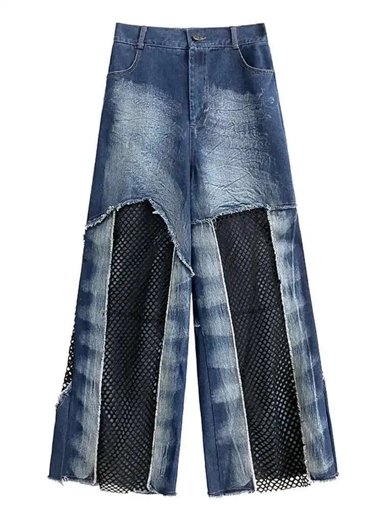 High Waist Blue Hollow Out Mesh Denim Wide Leg Jeans New Women Trousers Loose Fashion Tide Spring Autumn 2025 1DH4343
