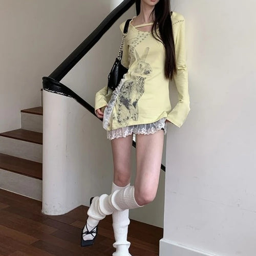Load image into Gallery viewer, Irregular Lace Patchwork Women Y2k Aesthetic Tops Streetwear Cartoon Printing Slim Fit T-shirt 2025 Harajuku Grunge Fairy Tops
