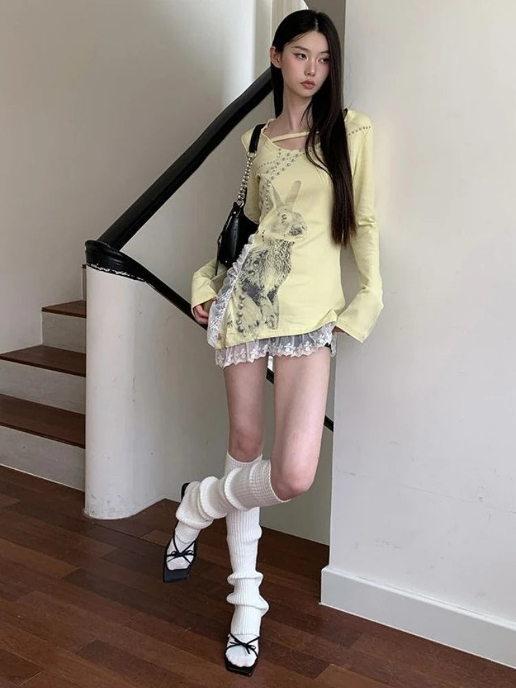 Irregular Lace Patchwork Women Y2k Aesthetic Tops Streetwear Cartoon Printing Slim Fit T-shirt 2025 Harajuku Grunge Fairy Tops