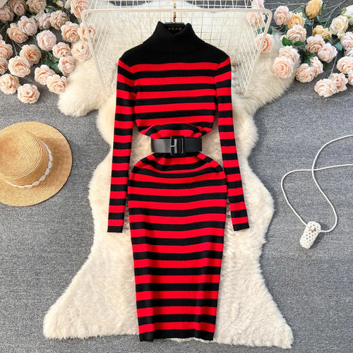 Load image into Gallery viewer, Autumn Winter Patchwork Stripe Knit Long Dress Female Fashion Medium Length High Neck Warm Loose Slim Sweater Dress Women French
