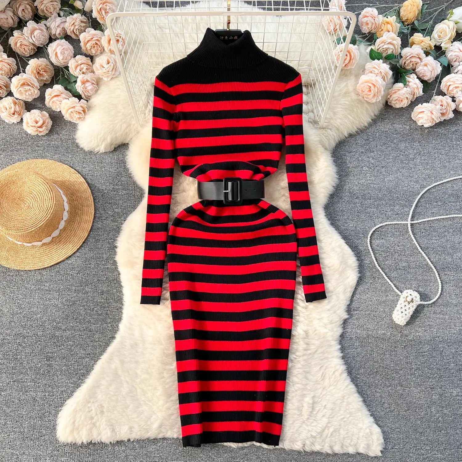 Autumn Winter Patchwork Stripe Knit Long Dress Female Fashion Medium Length High Neck Warm Loose Slim Sweater Dress Women French