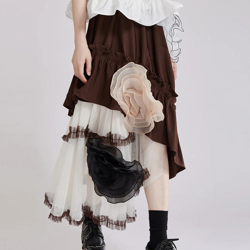 Load image into Gallery viewer, Hit Color Sheer Spliced Mesh Irregular Skirts for Women High Waist Patchwork 3D Flower Design Sense Skirt Female
