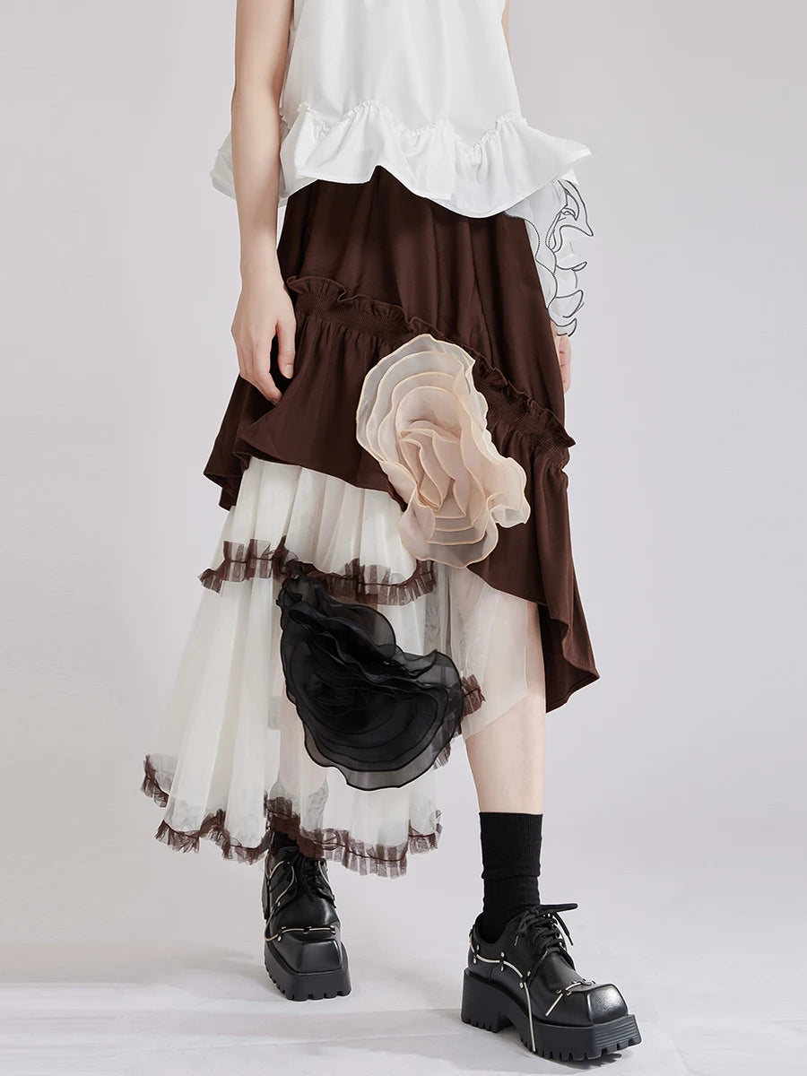 Hit Color Sheer Spliced Mesh Irregular Skirts for Women High Waist Patchwork 3D Flower Design Sense Skirt Female