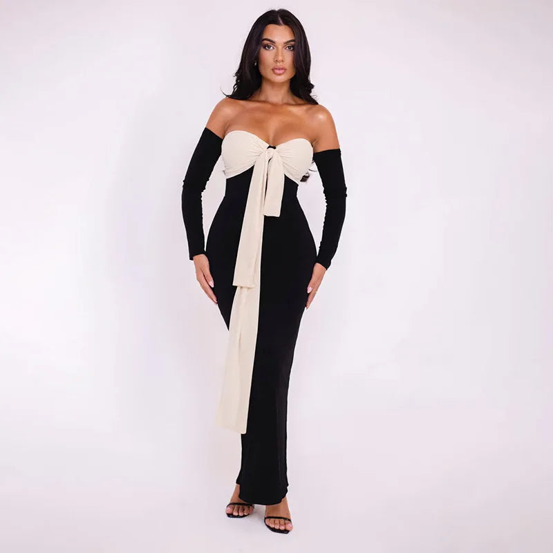 Patchwork Off-shoulder Sexy Maxi Dress For Women Gown Contrast Color Strapless Long Sleeve Bodycon Sexy Long Dress