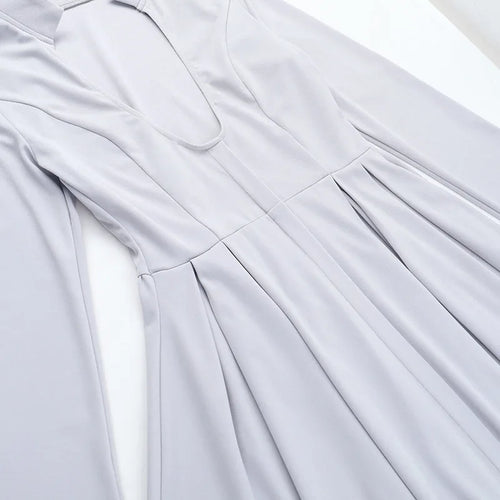 Load image into Gallery viewer, Gray Long Sleeve Sexy Mini Dress Women Solid V Neck High Waist A-line Club Party Pleated Sexy Dress Elegant Clubwear
