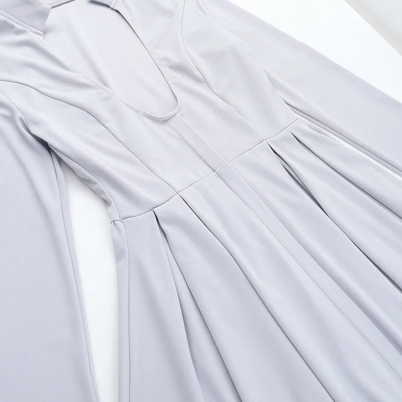 Gray Long Sleeve Sexy Mini Dress Women Solid V Neck High Waist A-line Club Party Pleated Sexy Dress Elegant Clubwear