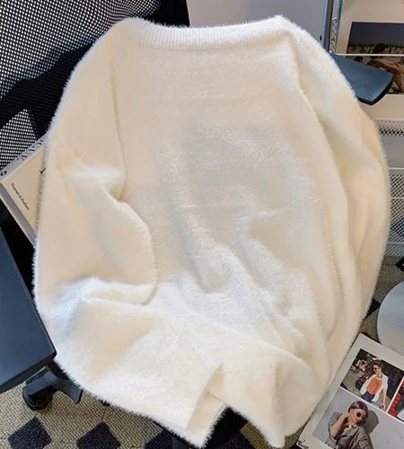 Vintage Preppy Kawaii Cartoon Jacquard Pullovers Sweet Harajuku Loose Grunge Jumpers Y2k Aesthetic Women White Knitted Sweaters