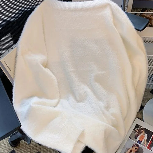 Load image into Gallery viewer, Vintage Preppy Kawaii Cartoon Jacquard Pullovers Sweet Harajuku Loose Grunge Jumpers Y2k Aesthetic Women White Knitted Sweaters
