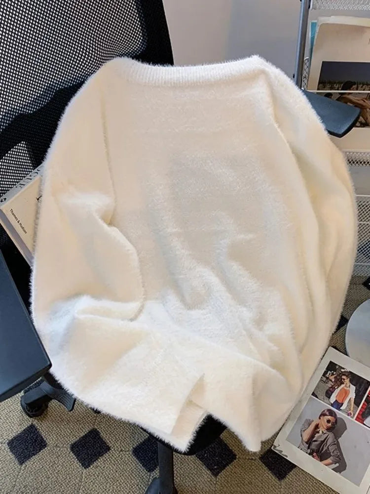 Vintage Preppy Kawaii Cartoon Jacquard Pullovers Sweet Harajuku Loose Grunge Jumpers Y2k Aesthetic Women White Knitted Sweaters