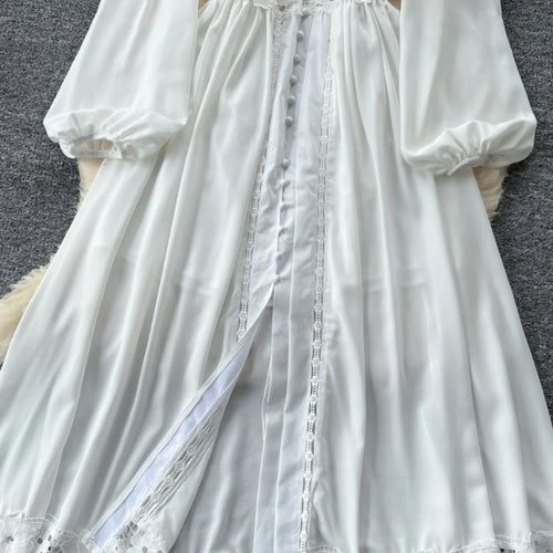 Load image into Gallery viewer, Vintage Women White Patchwork Lace Elegant High Waist Dresses Autumn Round Neck Long Sleeve Single Breasted Evening Party Dress
