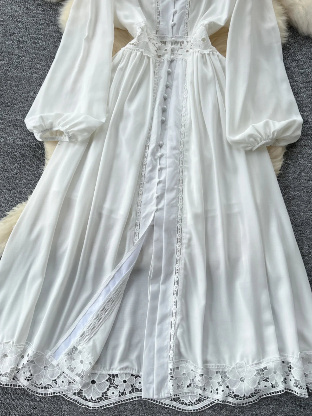 Vintage Women White Patchwork Lace Elegant High Waist Dresses Autumn Round Neck Long Sleeve Single Breasted Evening Party Dress