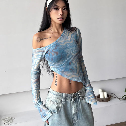 Load image into Gallery viewer, Harajuku Tshirts for Women Crop Tops Off Shoulder Slim Fit Gauze Tees Fashion Summer Y2k T Shirts Irregular Casual Sexy T-shirt
