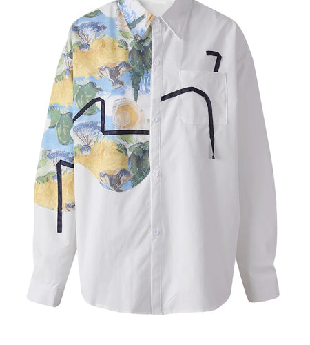 Women White Pattern Printed Big Size Elegant Blouse New Lapel Long Sleeve Shirt Fashion Tide Spring Autumn 2025 CPG3114