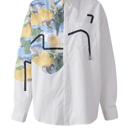 Load image into Gallery viewer, Women White Pattern Printed Big Size Elegant Blouse New Lapel Long Sleeve Shirt Fashion Tide Spring Autumn 2025 CPG3114
