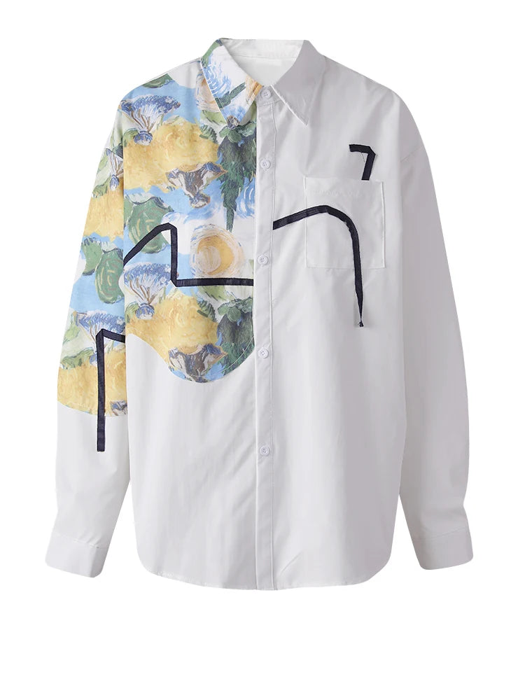 Women White Pattern Printed Big Size Elegant Blouse New Lapel Long Sleeve Shirt Fashion Tide Spring Autumn 2025 CPG3114