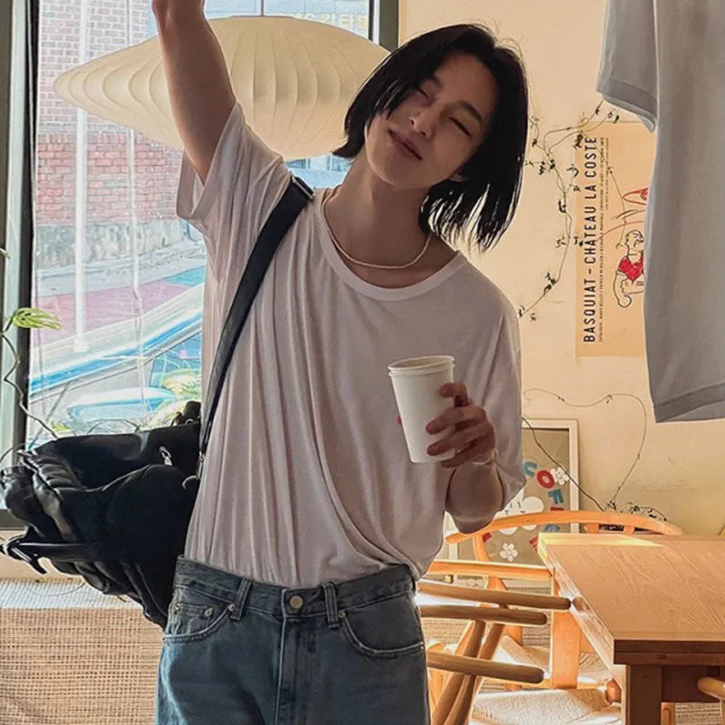 Men's T-shirts Short Sleeve New Summer Loose Round Neck Design Korean Solid Color Simple Trendy Pullover Male Top 9W1619