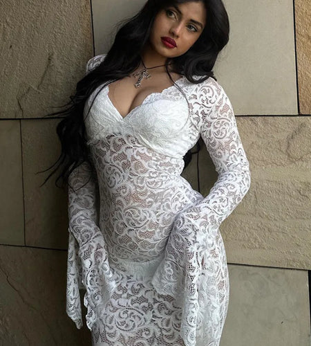 Sexy Lace Printed Long Sleeved Dress Women Perspective Bodycon Evening Dress Female Slim  Party  Night Clubwear 2024