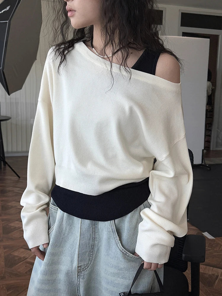Black Color-block Knitting Sweater Irregular Neck Long Sleeve Women Pullovers New Fashion Tide Spring Autumn 2025 1DJ0158