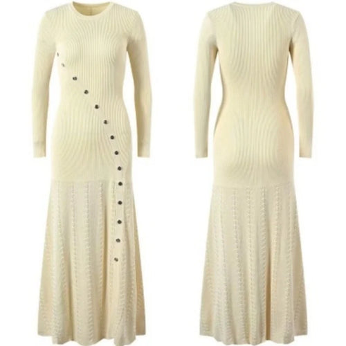 Load image into Gallery viewer, Korean Autumn Winter Black Beige Elegant Single Breasted Dress Women Red Long Sleeves 2024 Knitted Split Dress Popular Trend New
