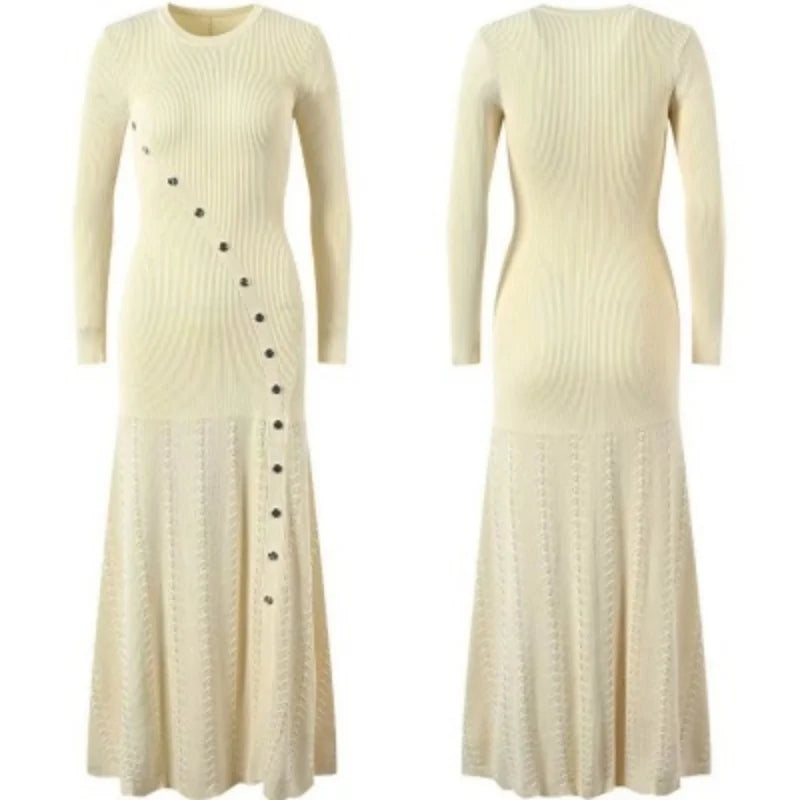 Korean Autumn Winter Black Beige Elegant Single Breasted Dress Women Red Long Sleeves 2024 Knitted Split Dress Popular Trend New