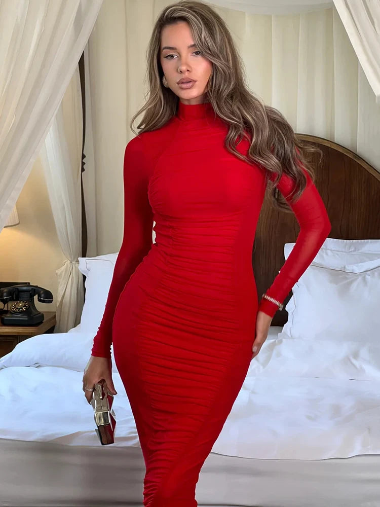 Elegant Mesh Patchwork Long Sleeved Dress Women Double Layer Slim Maxi Dress Female Elegant Party Club Evening Dress2024