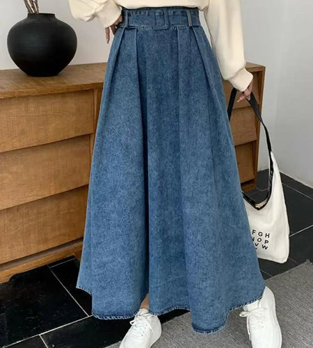 Korean Vintage Blue Vacation Trendy Pleated Denim Skirt Women's 2024 Autumn Winter Elegant High Waist Jean Long Skirt Streetwear