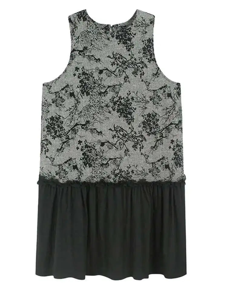 Women Gray Printed Vintage Hem Pleated Big Size Vest Dress New Round Neck Sleeveless Fashion Spring Autumn 2025 1DH9454
